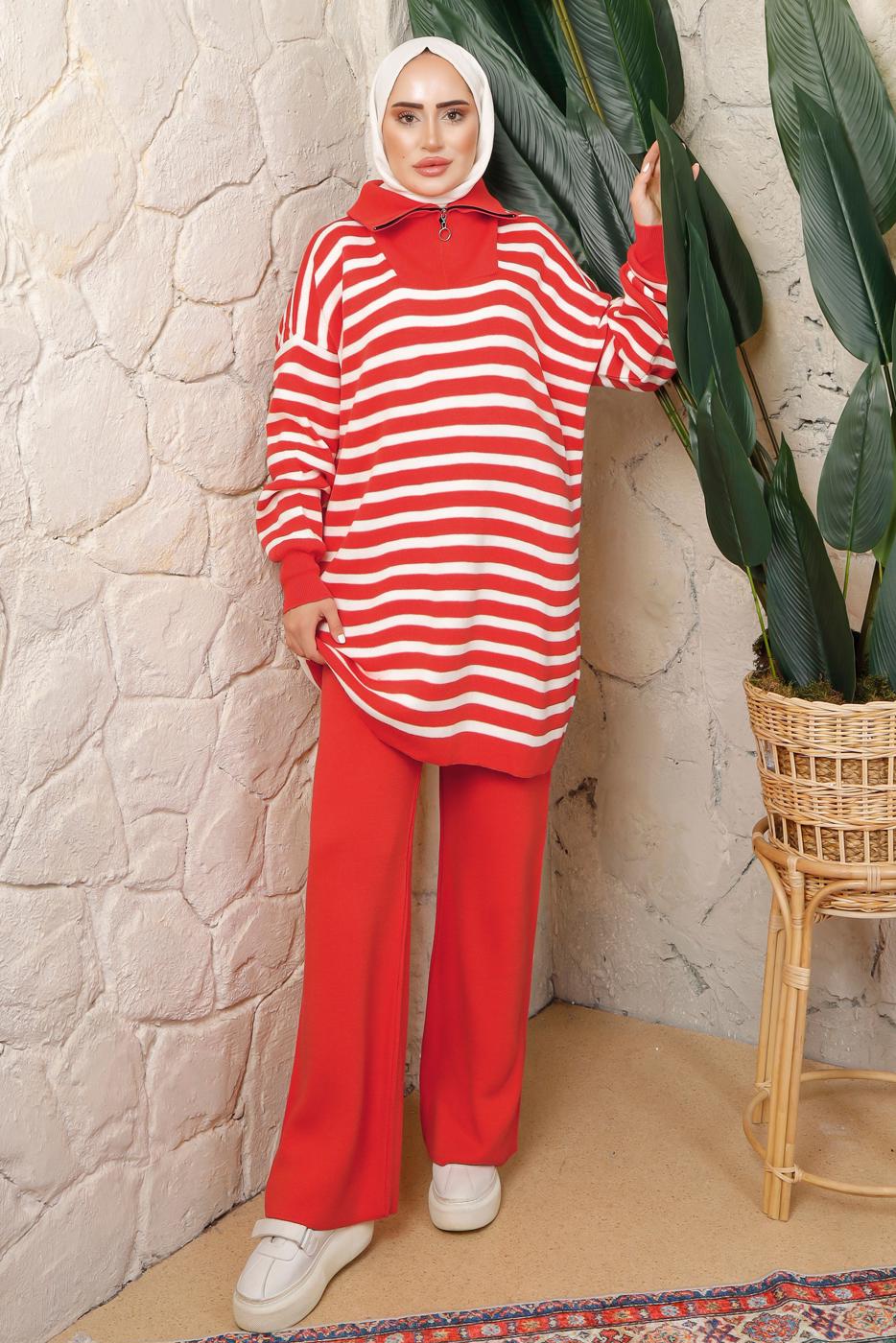 Tesettür giyim TURUNCU ÇİZGİLİ FERMUARLI PANTOLONLU TRİKO TAKIM T 2208