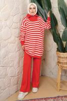 Tesettür giyim TURUNCU ÇİZGİLİ FERMUARLI PANTOLONLU TRİKO TAKIM T 2208