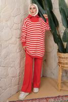 Tesettür giyim TURUNCU ÇİZGİLİ FERMUARLI PANTOLONLU TRİKO TAKIM T 2208
