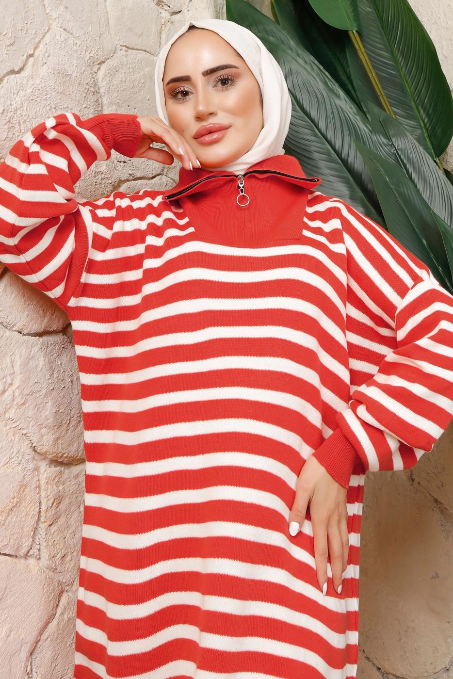 Tesettür giyim TURUNCU ÇİZGİLİ FERMUARLI PANTOLONLU TRİKO TAKIM T 2208