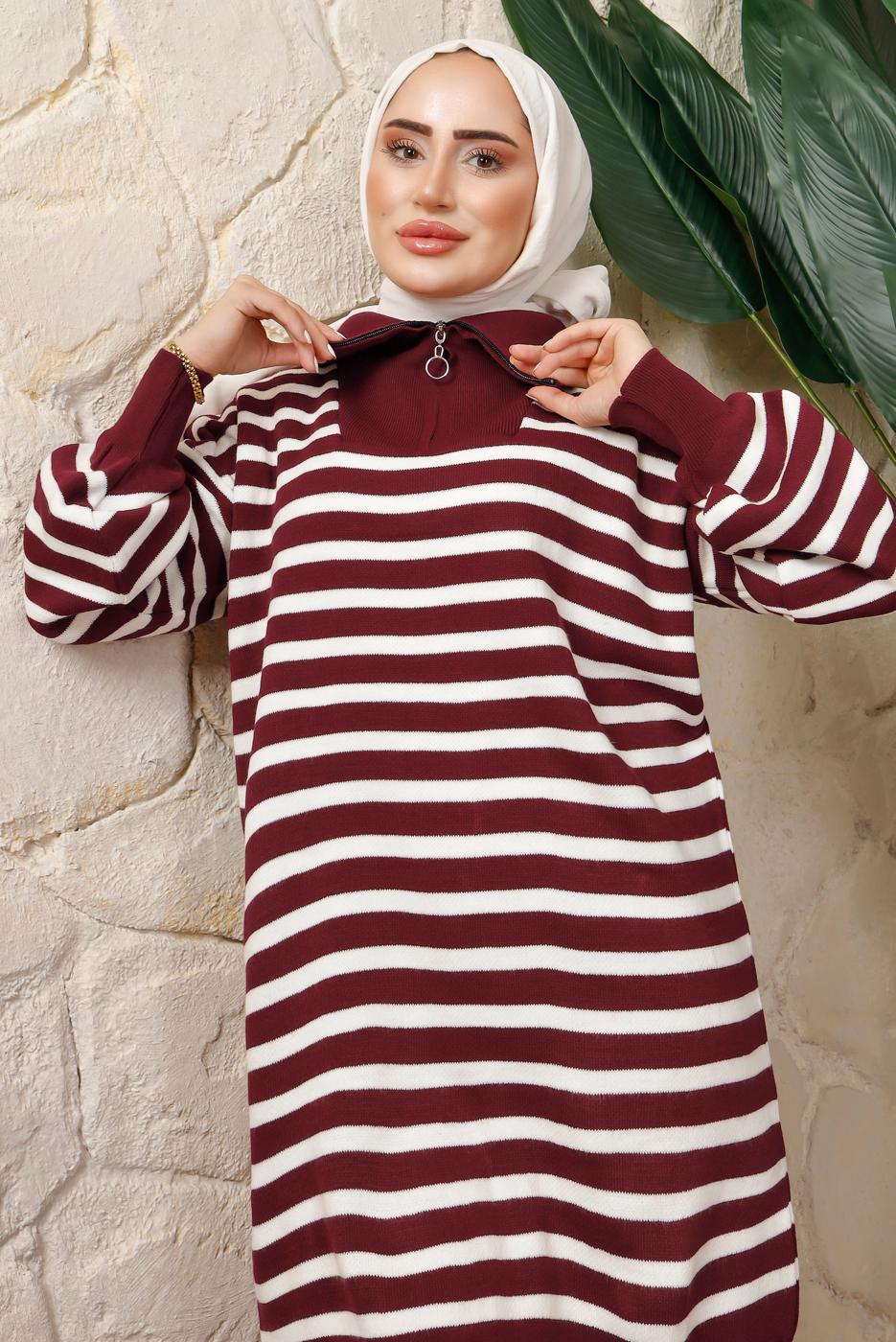 Vêtements hijab ROUGE BORDEAUX COSTUME PANTALON EN MAILLE ZIPPÉE À RAYURES T 2208