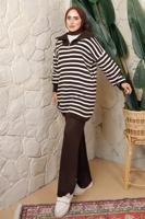 Hijab clothing BROWN STRIPED ZIPPERED KNITWEAR PANTS SUIT T 2208