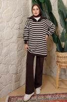Hijab clothing BROWN STRIPED ZIPPERED KNITWEAR PANTS SUIT T 2208