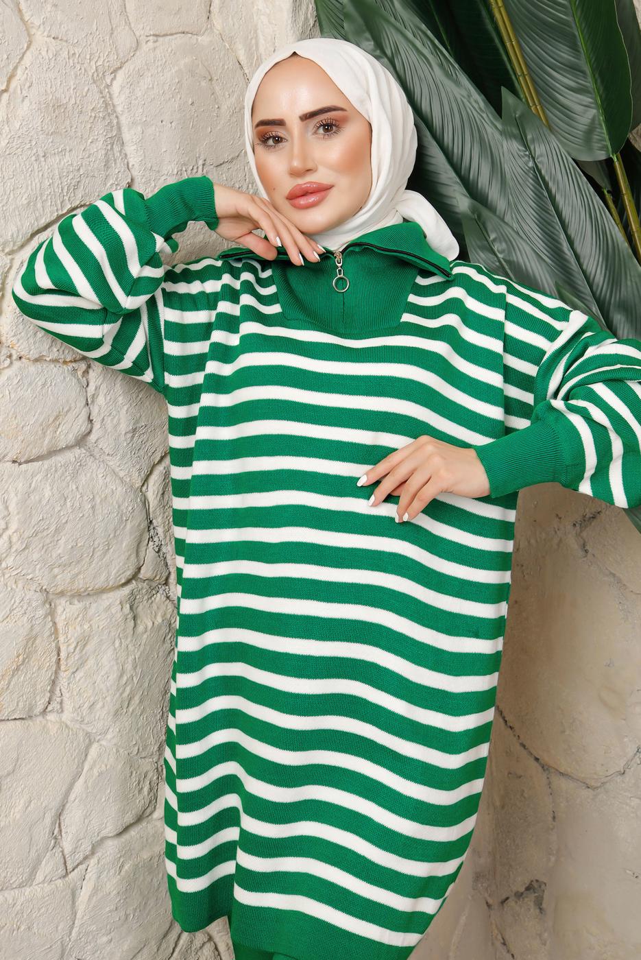 Tesettür giyim YEŞİL ÇİZGİLİ FERMUARLI PANTOLONLU TRİKO TAKIM T 2208