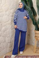 Vêtements hijab BLEU MARINE COSTUME PANTALON EN MAILLE ZIPPÉE À RAYURES T 2208