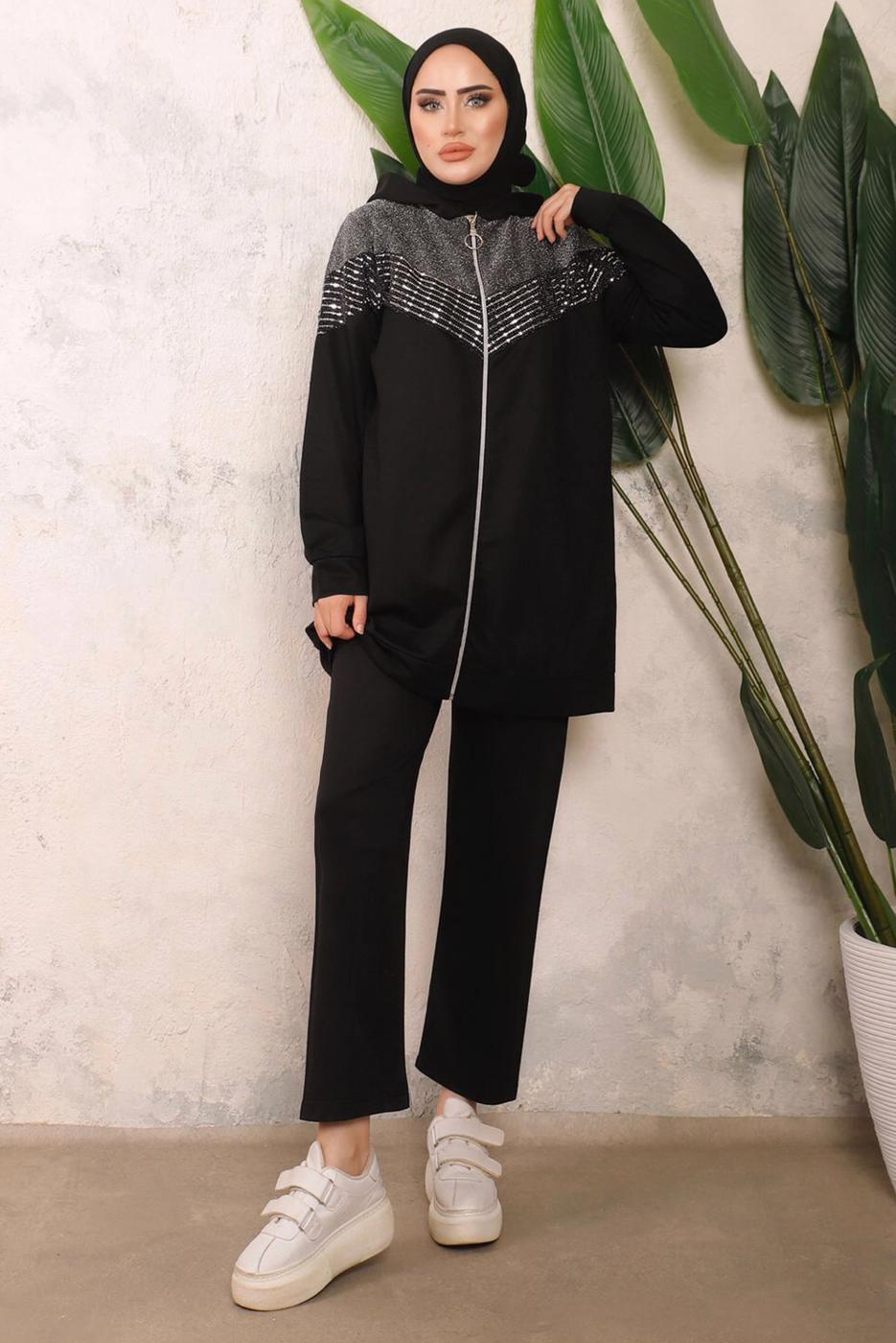 Tesettür giyim SİYAH TAŞ DETAYLI PANTOLONLU TAKIM T 2243