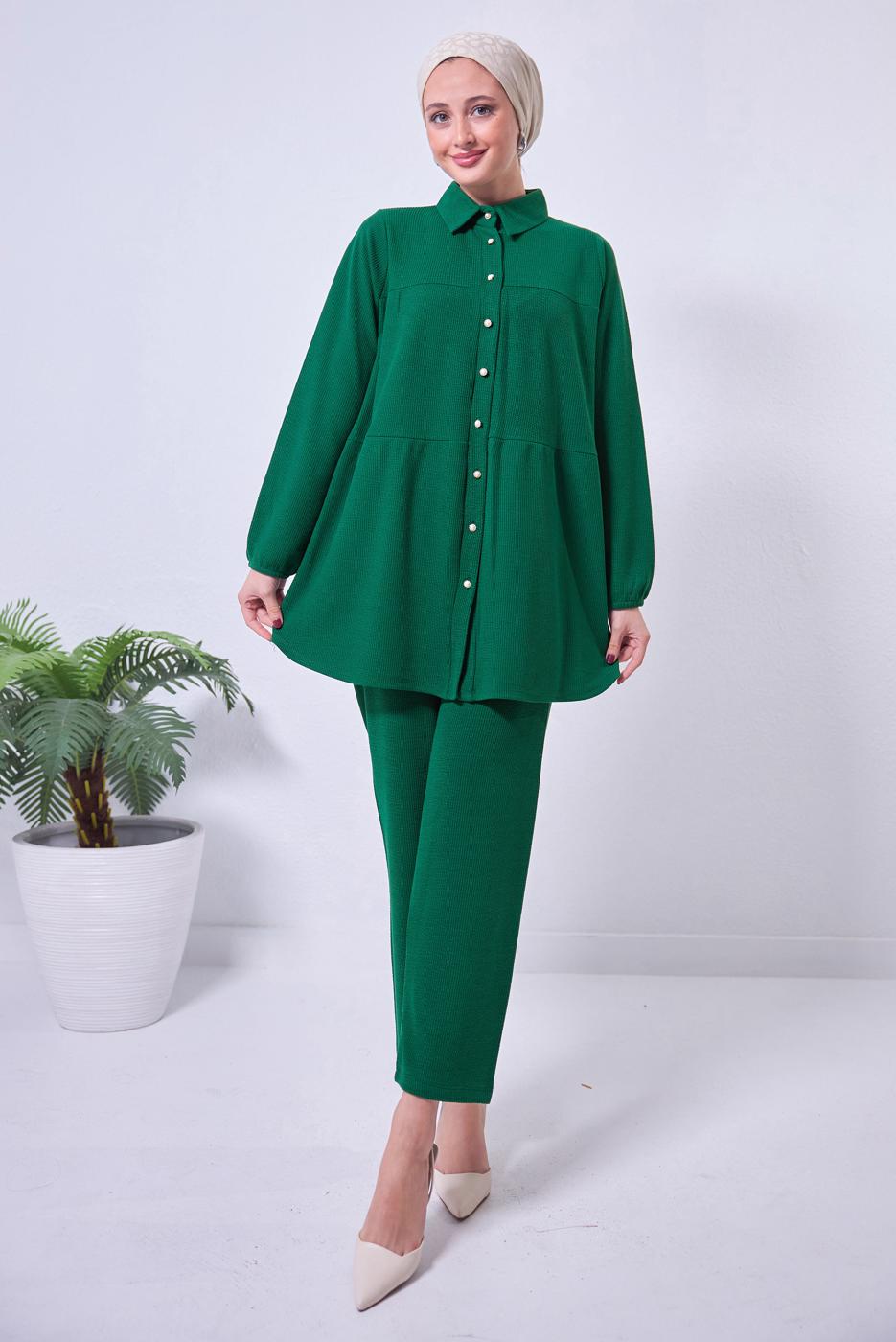 Tesettür giyim YEŞİL PANTOLONLU TAKIM T 2443