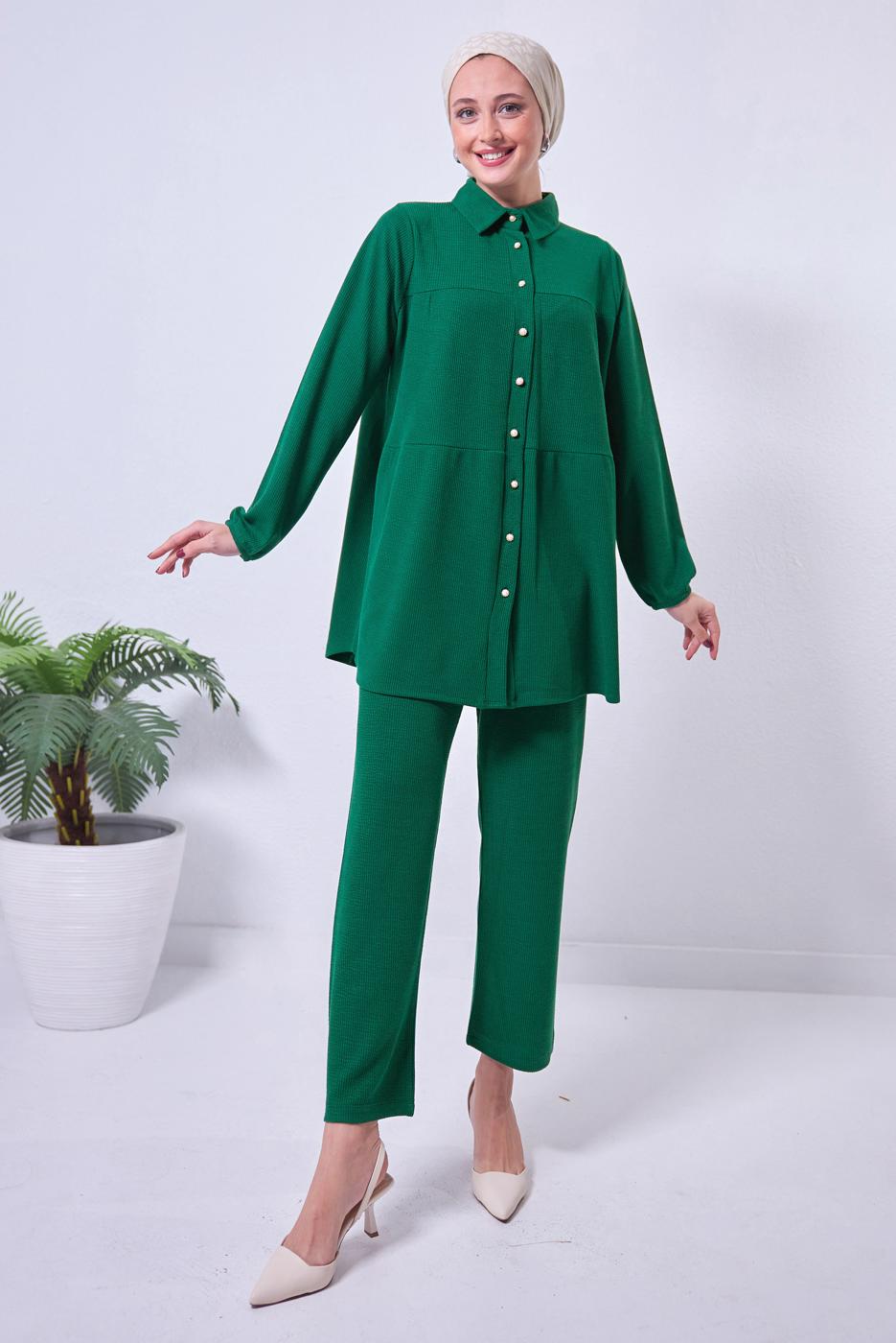 Tesettür giyim YEŞİL PANTOLONLU TAKIM T 2443
