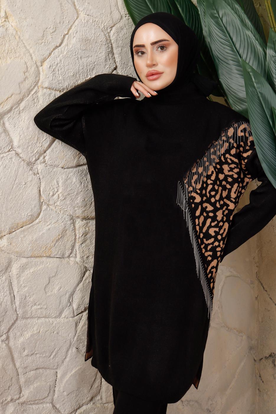 Tesettür giyim SİYAH LEOPAR DESENLİ PANTOLONLU TRİKO TAKIM T 2508