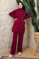 Tesettür giyim BORDO LEOPAR DESENLİ PANTOLONLU TRİKO TAKIM T 2508