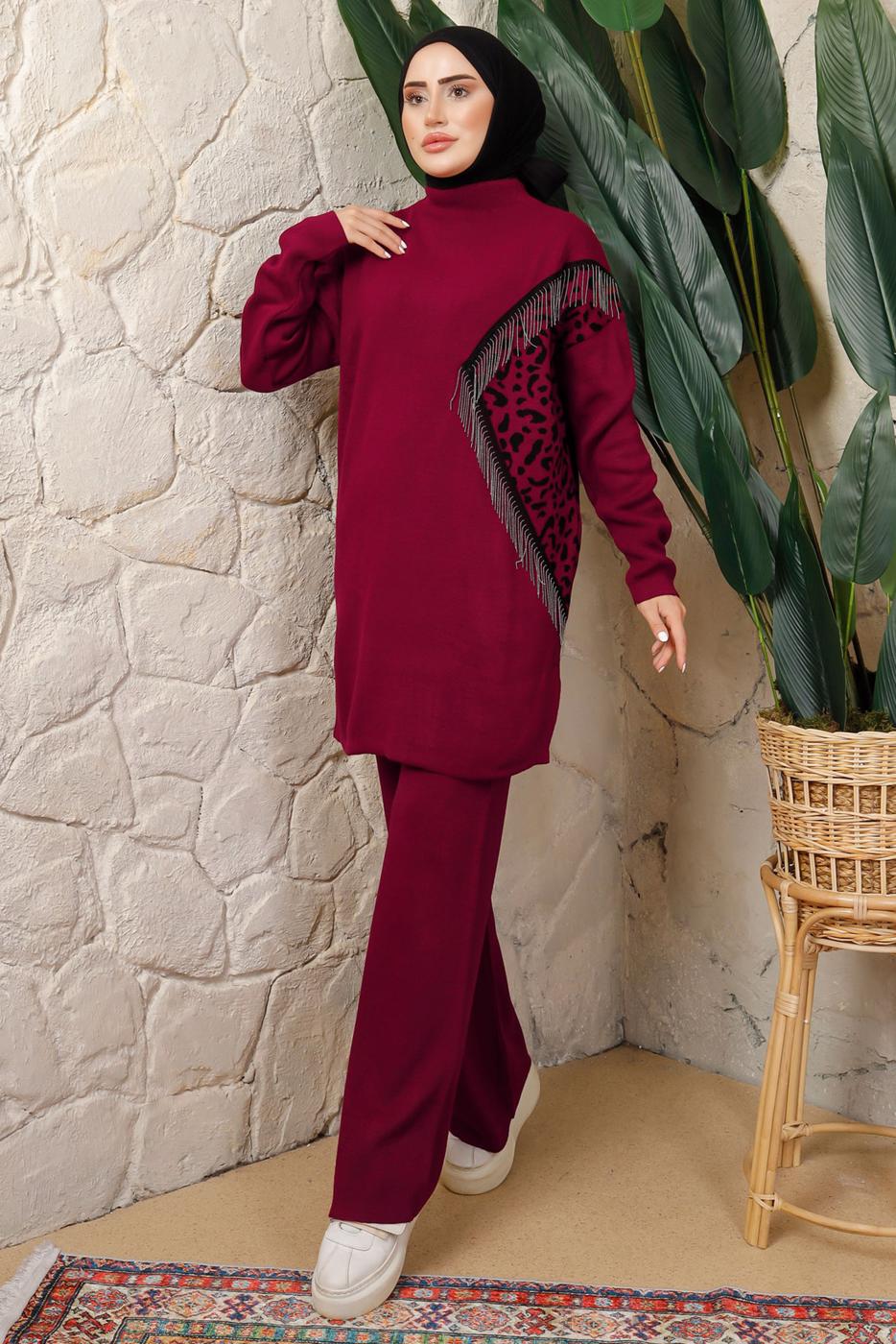 Tesettür giyim BORDO LEOPAR DESENLİ PANTOLONLU TRİKO TAKIM T 2508
