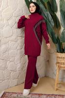 Tesettür giyim BORDO LEOPAR DESENLİ PANTOLONLU TRİKO TAKIM T 2508