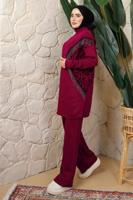 Tesettür giyim BORDO LEOPAR DESENLİ PANTOLONLU TRİKO TAKIM T 2508