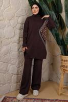 Tesettür giyim KAHVE LEOPAR DESENLİ PANTOLONLU TRİKO TAKIM T 2508
