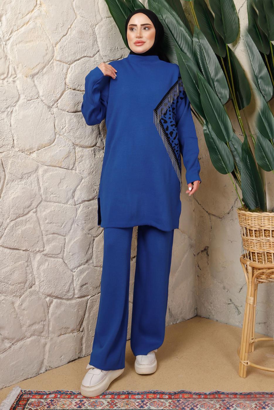 Hijab clothing NAVY BLUE LEOPARD PATTERN KNITWEAR PANTS SUIT T 2508