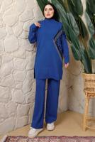 Hijab clothing NAVY BLUE LEOPARD PATTERN KNITWEAR PANTS SUIT T 2508