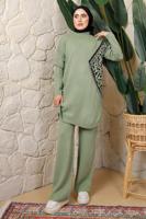 Tesettür giyim YEŞİL LEOPAR DESENLİ PANTOLONLU TRİKO TAKIM T 2508