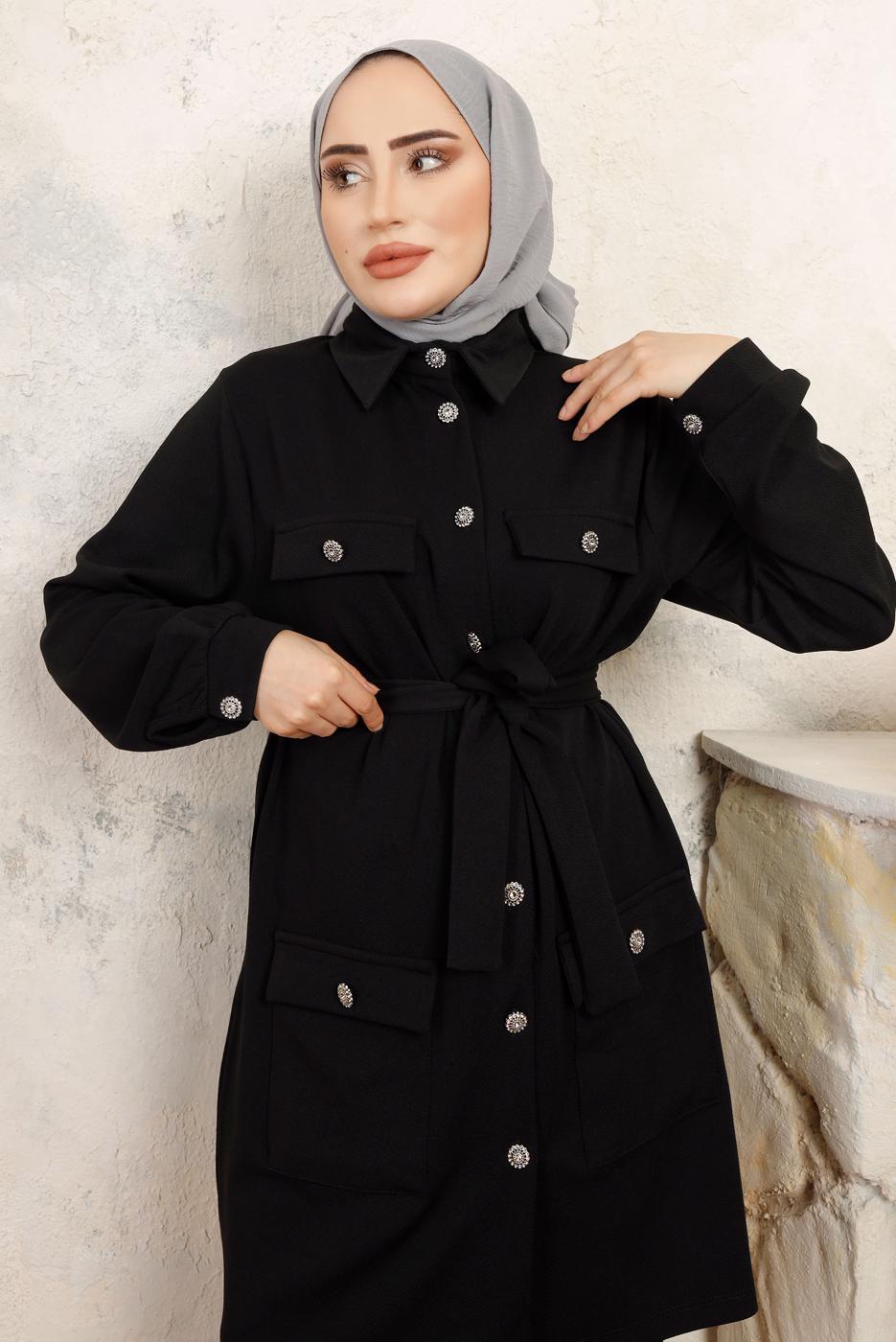 Tesettür giyim SİYAH KUŞAKLI PANTOLONLU TAKIM T 2843