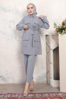 Tesettür giyim GRİ KUŞAKLI PANTOLONLU TAKIM T 2843