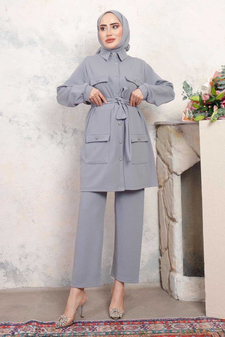 Tesettür giyim GRİ KUŞAKLI PANTOLONLU TAKIM T 2843