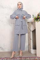 Tesettür giyim GRİ KUŞAKLI PANTOLONLU TAKIM T 2843