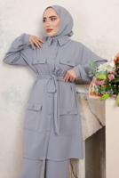 Tesettür giyim GRİ KUŞAKLI PANTOLONLU TAKIM T 2843