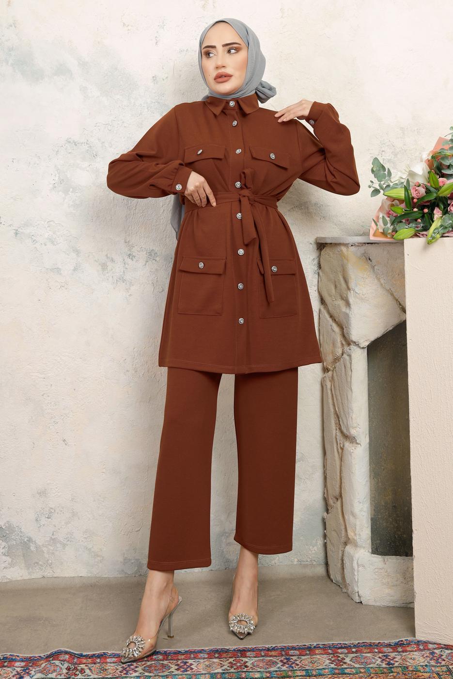 Tesettür giyim KAHVE KUŞAKLI PANTOLONLU TAKIM T 2843