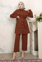 Tesettür giyim KAHVE KUŞAKLI PANTOLONLU TAKIM T 2843