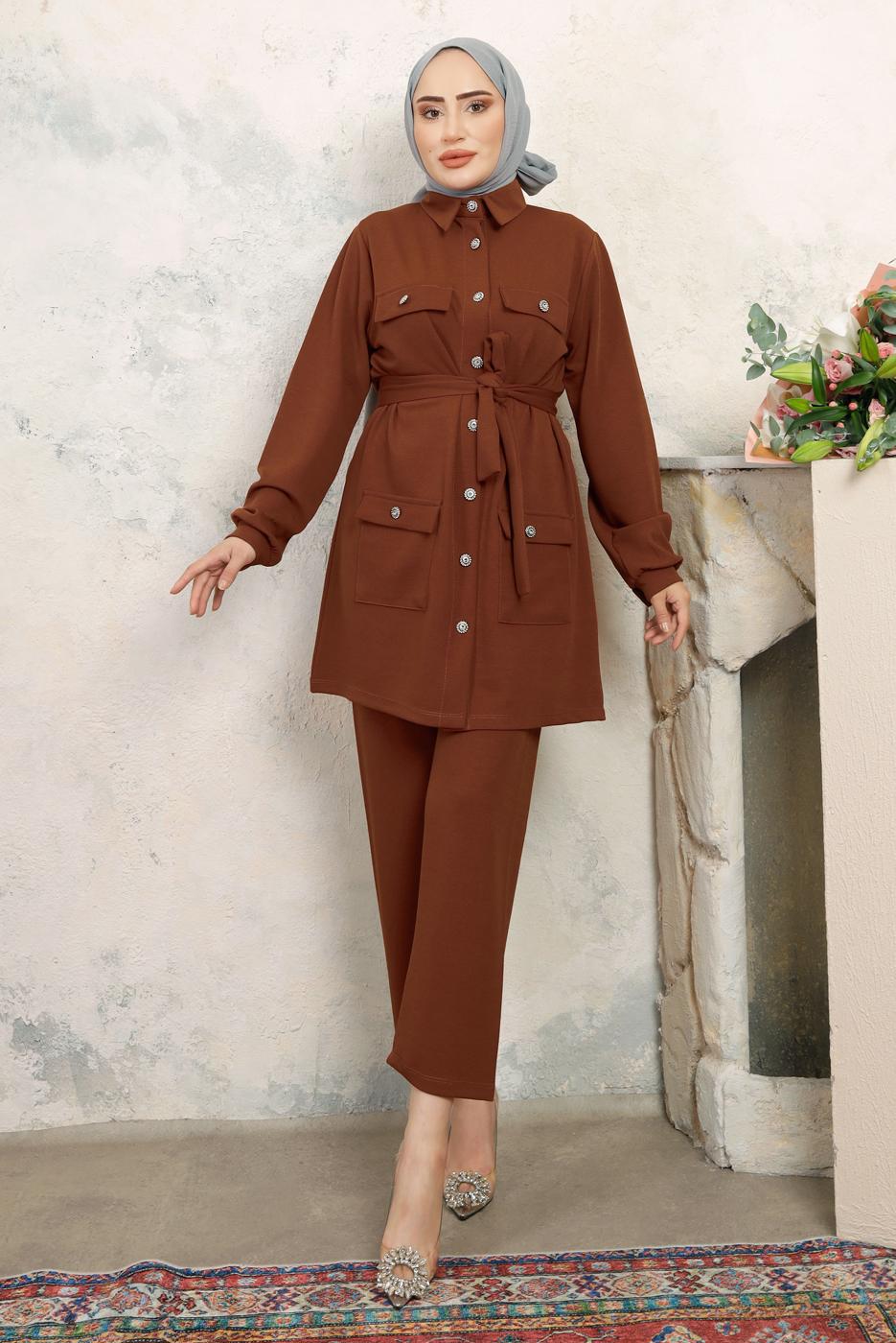 Tesettür giyim KAHVE KUŞAKLI PANTOLONLU TAKIM T 2843