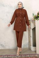 Tesettür giyim KAHVE KUŞAKLI PANTOLONLU TAKIM T 2843