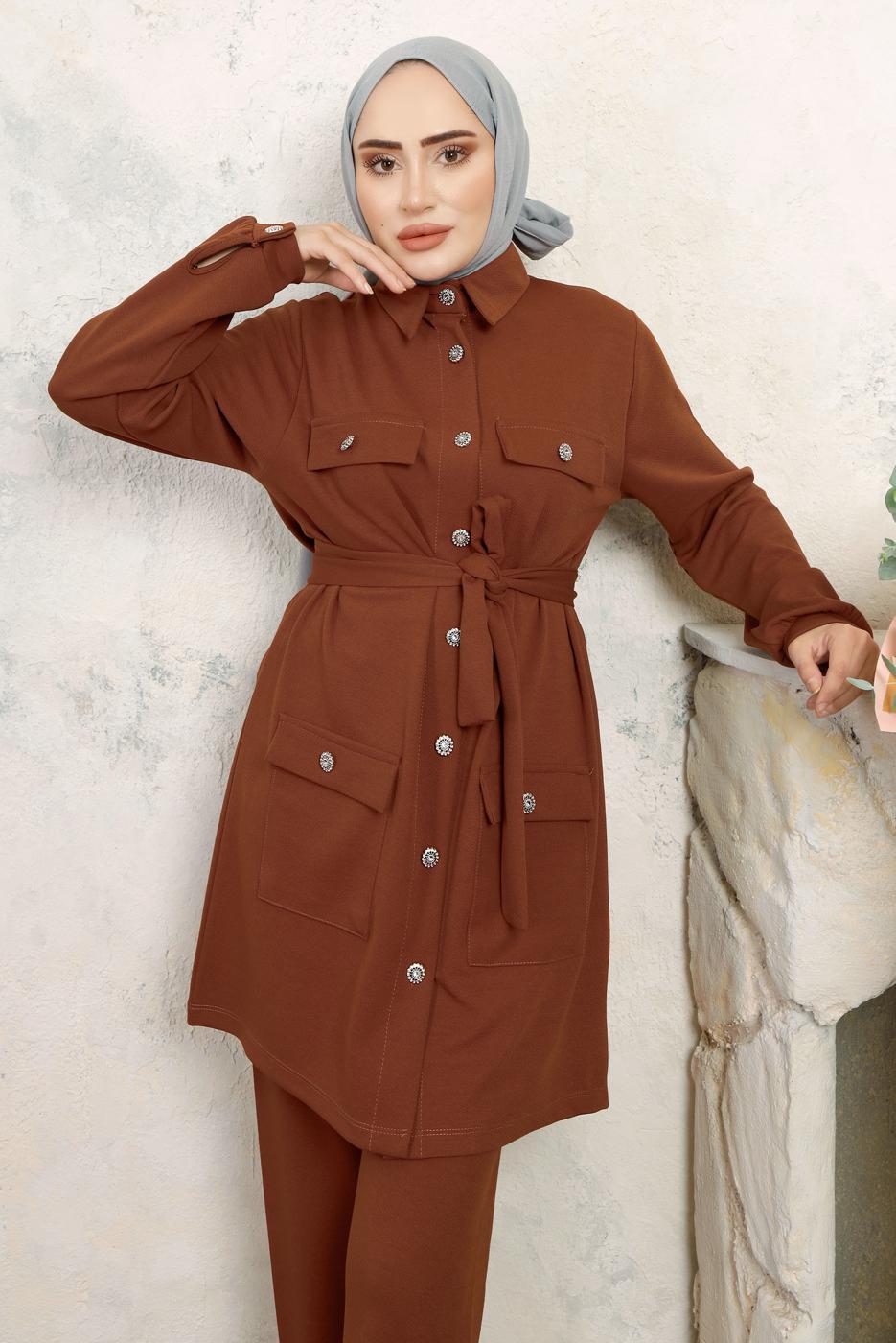 Tesettür giyim KAHVE KUŞAKLI PANTOLONLU TAKIM T 2843