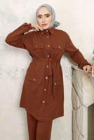 Tesettür giyim KAHVE KUŞAKLI PANTOLONLU TAKIM T 2843