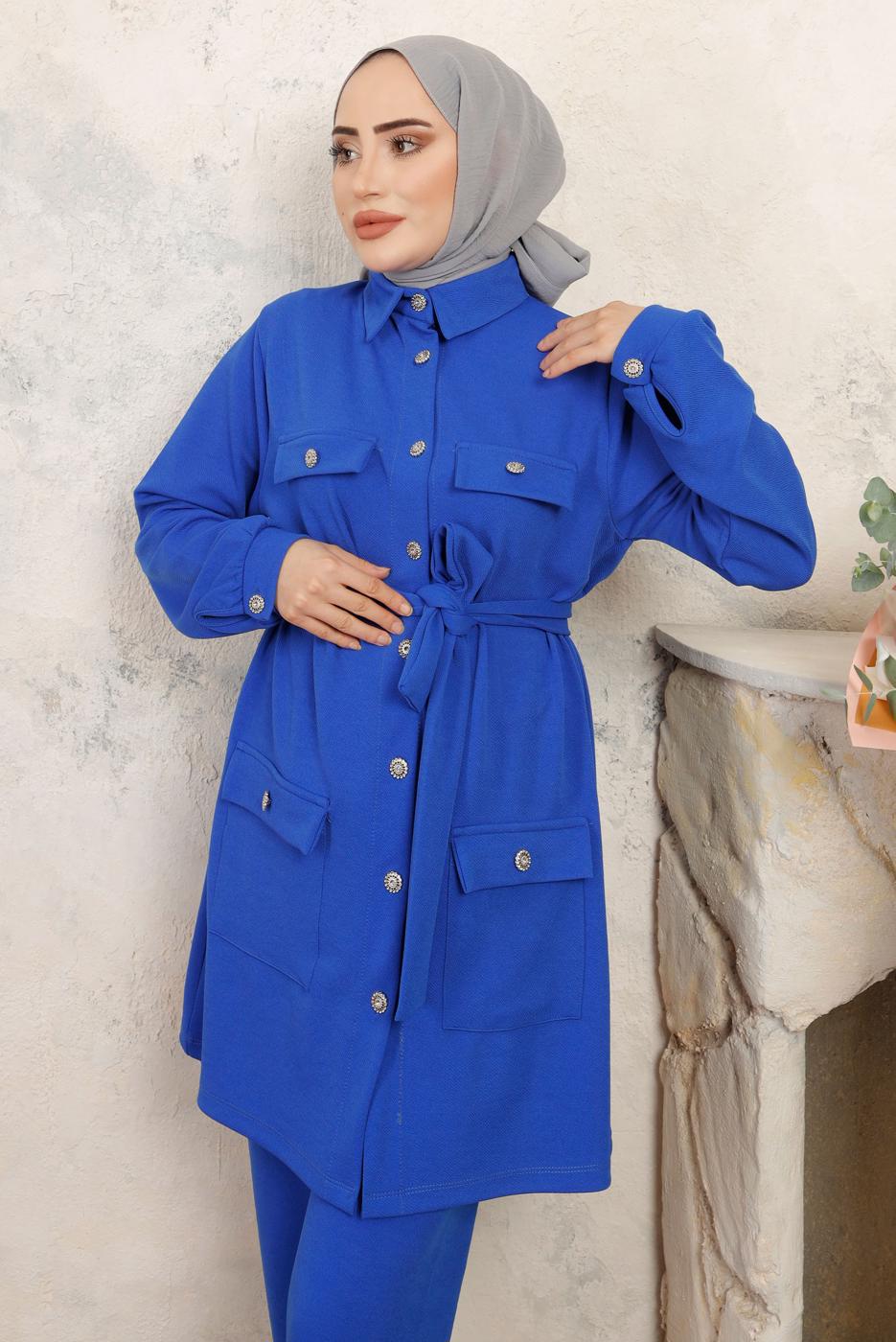 Tesettür giyim LACİVERT KUŞAKLI PANTOLONLU TAKIM T 2843