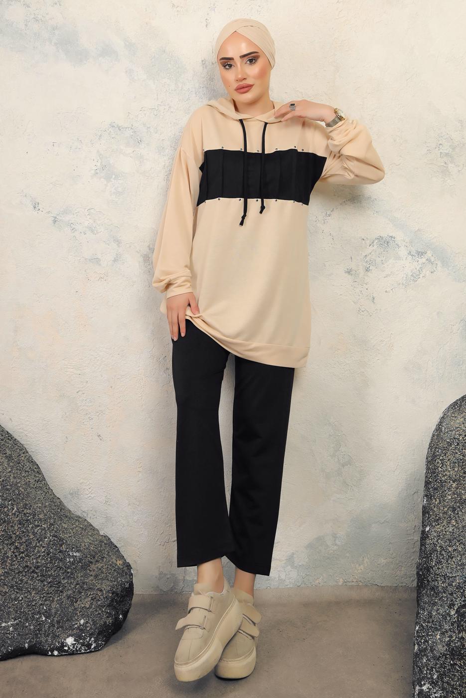 Tesettür giyim SİYAH KAPÜŞONLU PANTOLONLU TAKIM T 2943