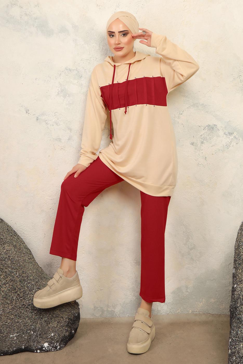 Tesettür giyim KIRMIZI KAPÜŞONLU PANTOLONLU TAKIM T 2943