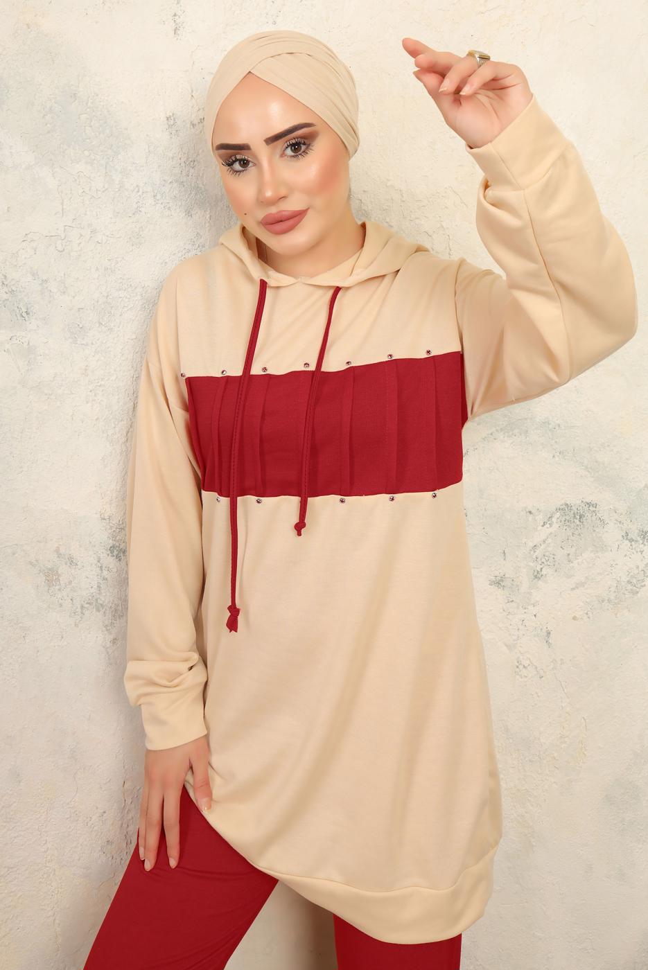 Tesettür giyim KIRMIZI KAPÜŞONLU PANTOLONLU TAKIM T 2943