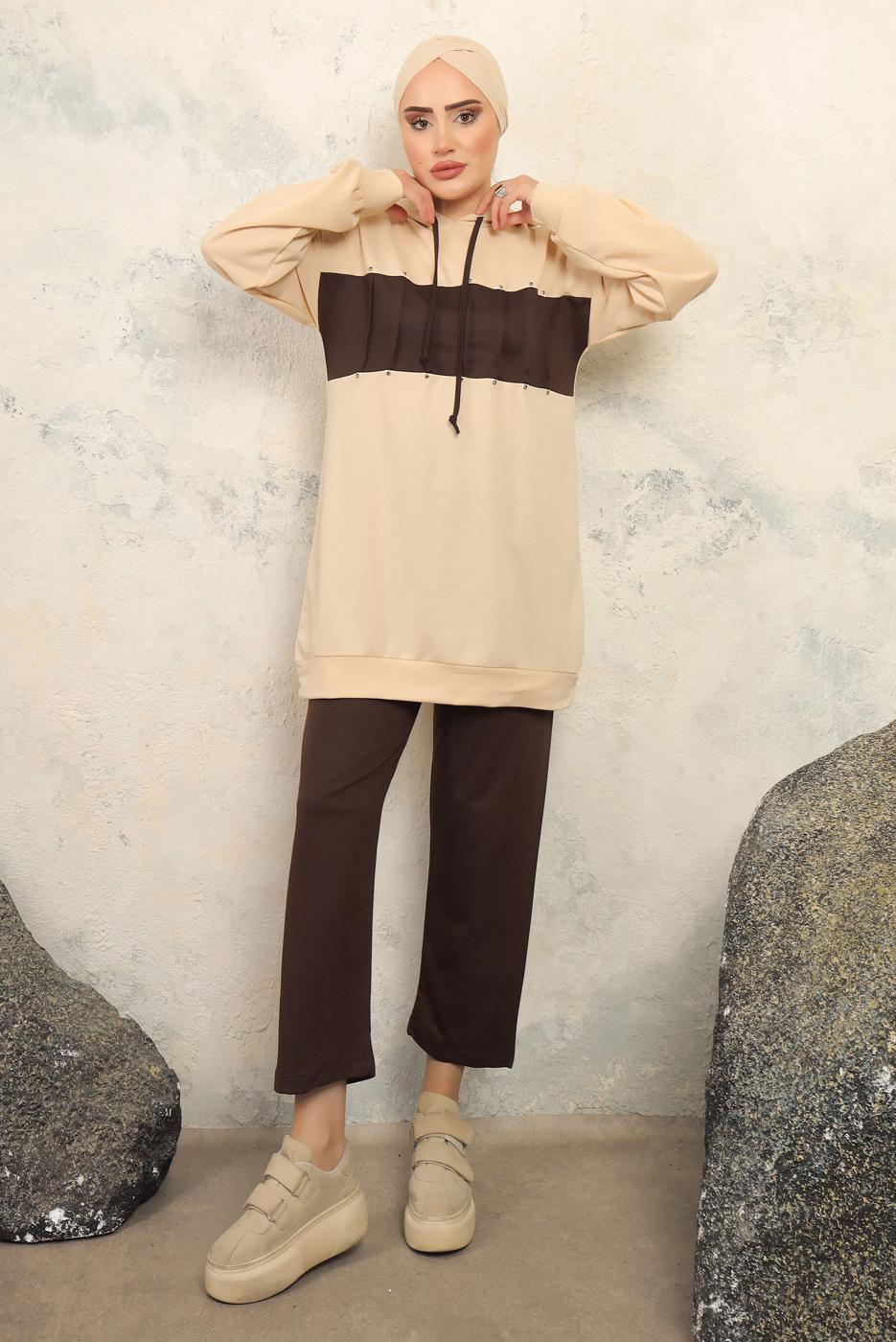 Tesettür giyim KAHVE KAPÜŞONLU PANTOLONLU TAKIM T 2943