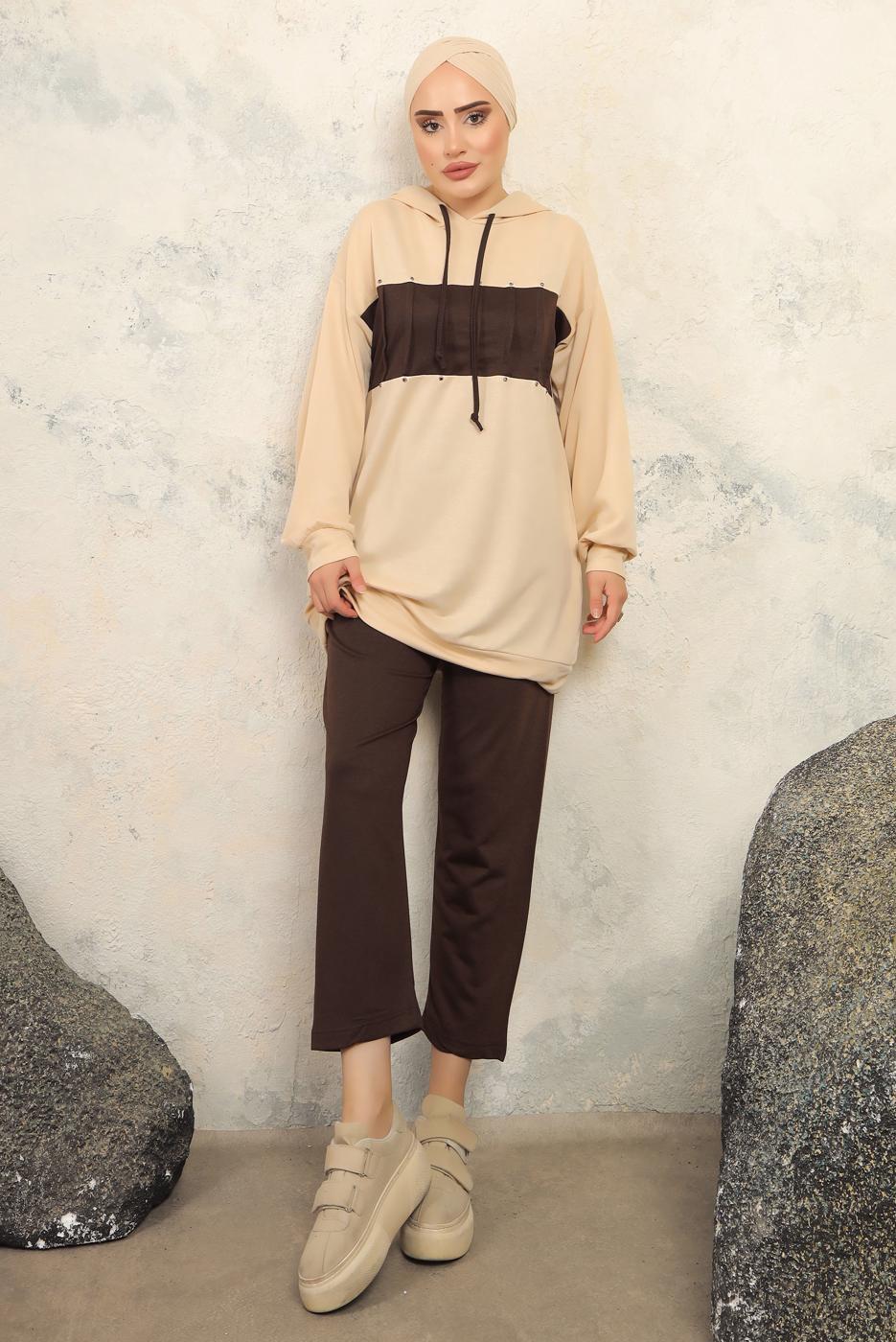 Tesettür giyim KAHVE KAPÜŞONLU PANTOLONLU TAKIM T 2943