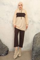 Tesettür giyim KAHVE KAPÜŞONLU PANTOLONLU TAKIM T 2943