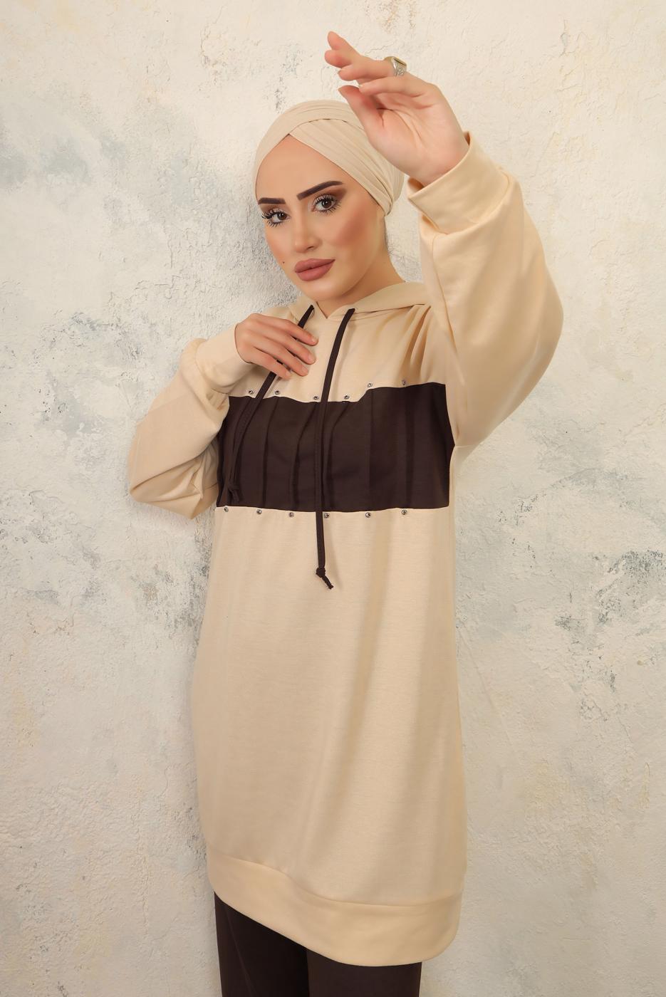 Tesettür giyim KAHVE KAPÜŞONLU PANTOLONLU TAKIM T 2943