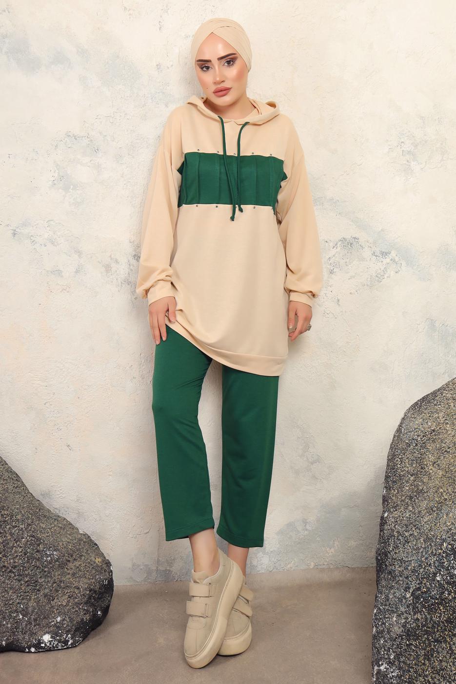 Tesettür giyim YEŞİL KAPÜŞONLU PANTOLONLU TAKIM T 2943