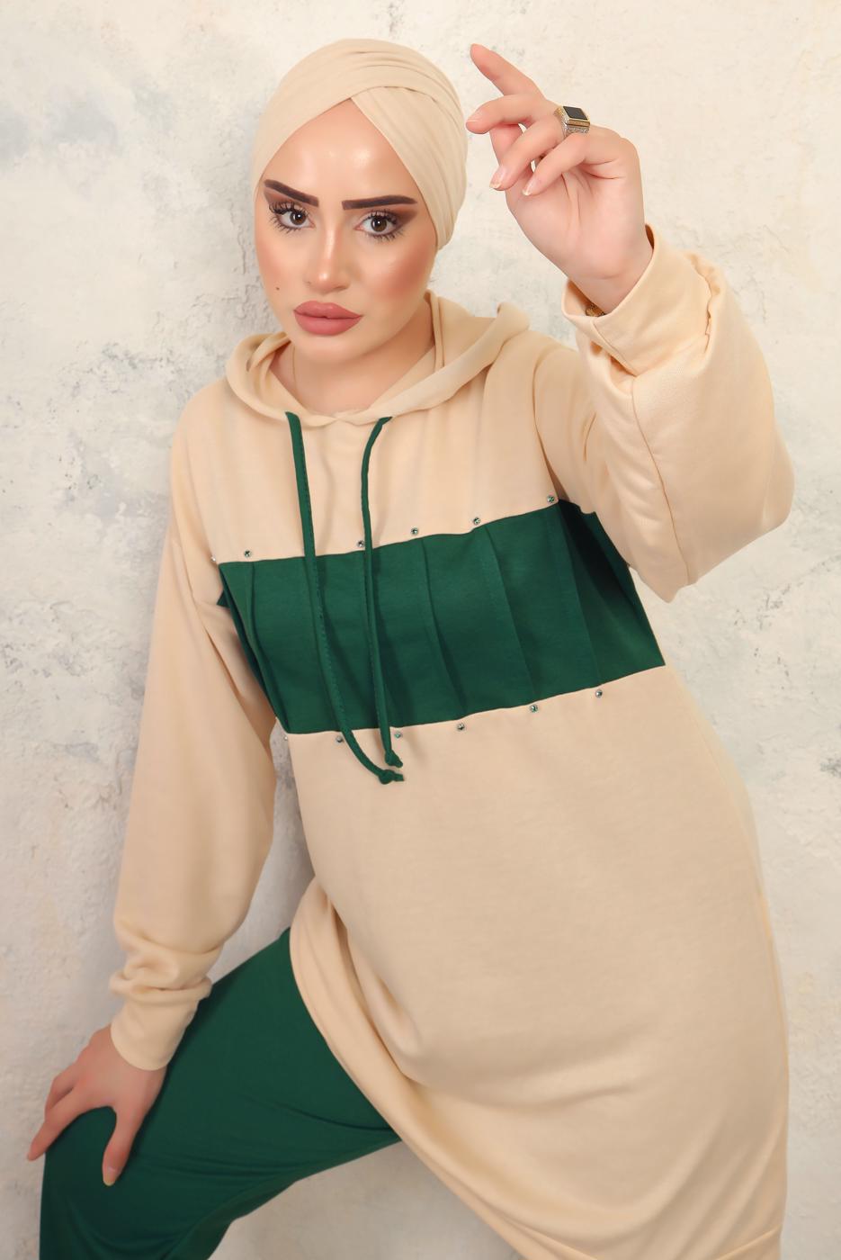 Tesettür giyim YEŞİL KAPÜŞONLU PANTOLONLU TAKIM T 2943