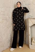 Tesettür giyim SİYAH DESENLİ MANŞETLERİ LASTİKLİ PANTOLONLU TRİKO TAKIM T 3008