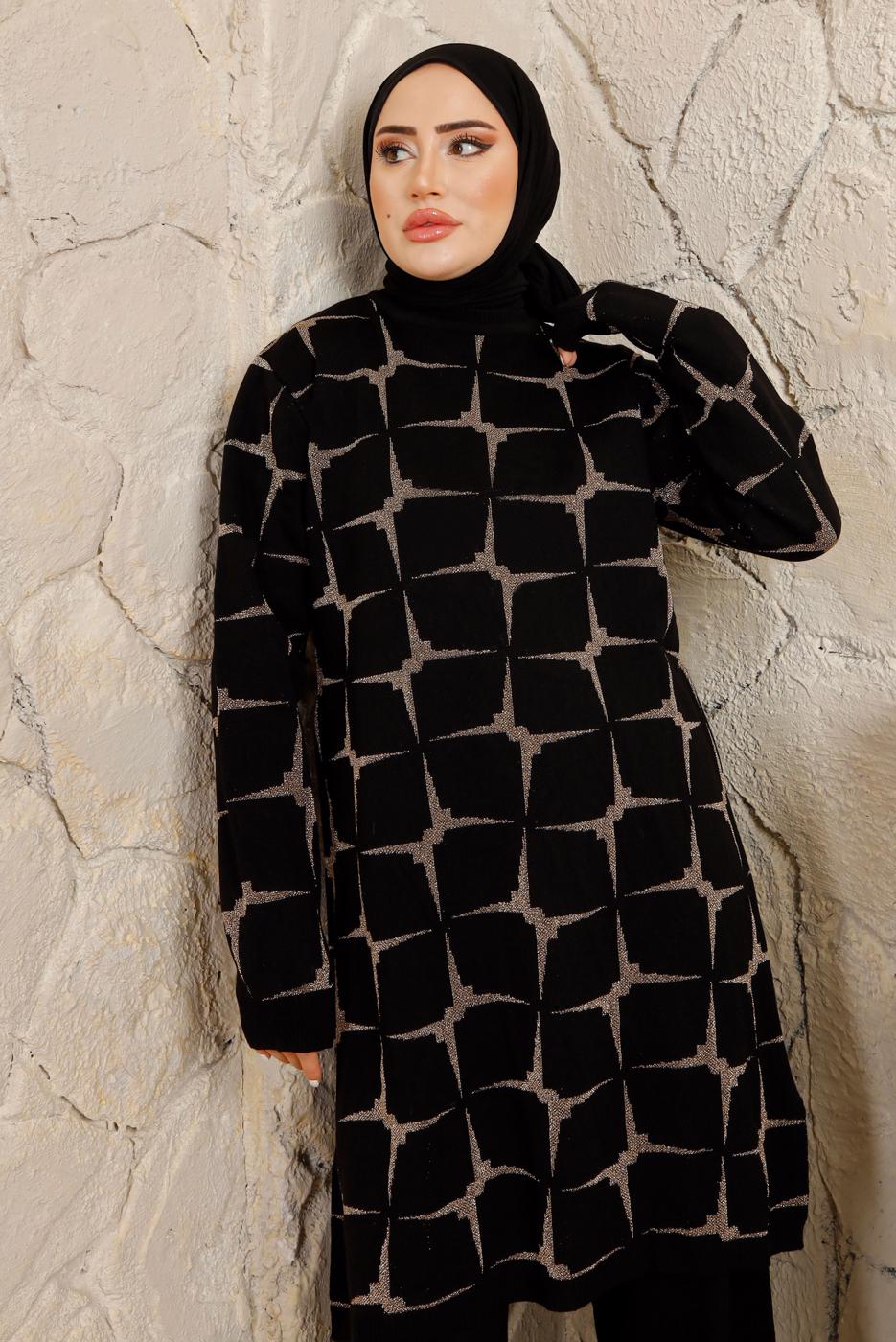 Tesettür giyim SİYAH DESENLİ MANŞETLERİ LASTİKLİ PANTOLONLU TRİKO TAKIM T 3008