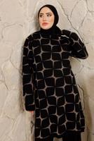 Tesettür giyim SİYAH DESENLİ MANŞETLERİ LASTİKLİ PANTOLONLU TRİKO TAKIM T 3008