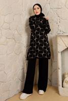 Tesettür giyim SİYAH DESENLİ MANŞETLERİ LASTİKLİ PANTOLONLU TRİKO TAKIM T 3008