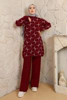 Tesettür giyim BORDO DESENLİ MANŞETLERİ LASTİKLİ PANTOLONLU TRİKO TAKIM T 3008