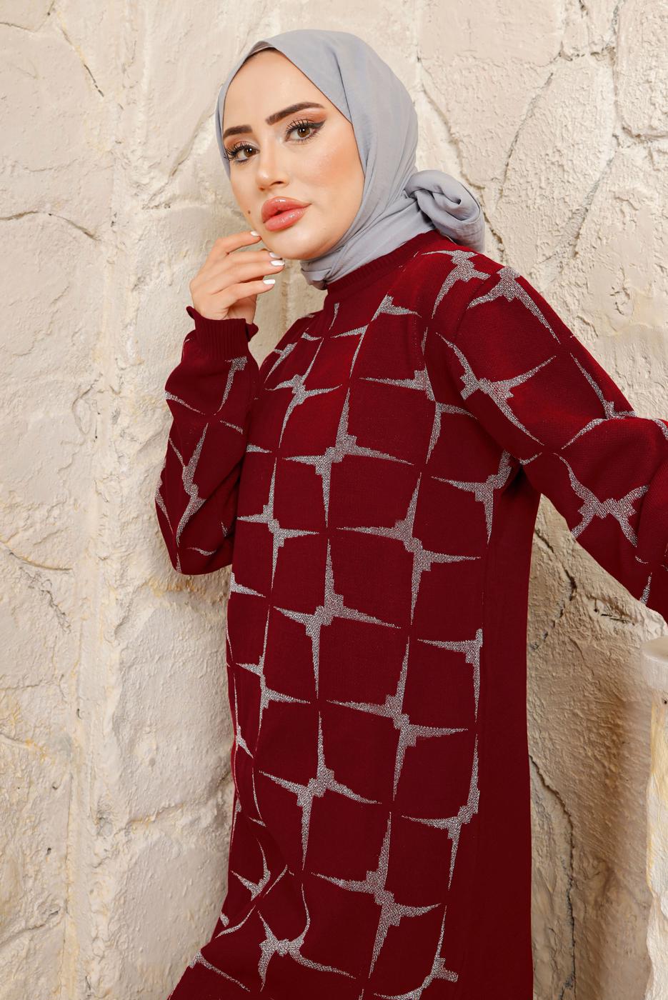 Tesettür giyim BORDO DESENLİ MANŞETLERİ LASTİKLİ PANTOLONLU TRİKO TAKIM T 3008