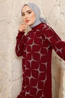 Tesettür giyim BORDO DESENLİ MANŞETLERİ LASTİKLİ PANTOLONLU TRİKO TAKIM T 3008