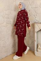 Tesettür giyim BORDO DESENLİ MANŞETLERİ LASTİKLİ PANTOLONLU TRİKO TAKIM T 3008